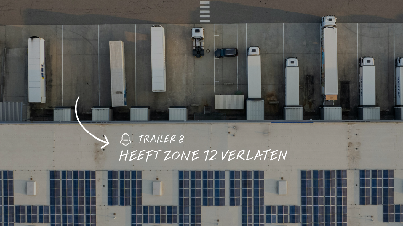 Luchtfoto van magazijn met vrachtwagens bij laaddocks. Melding: Trailer 8 heeft zone 12 verlaten.