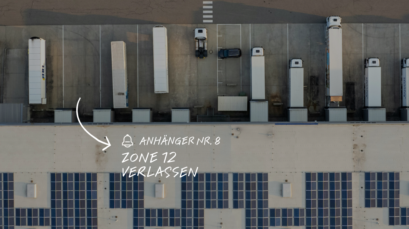 Luftaufnahme eines Logistikzentrums mit LKW-Anhängern an Laderampen und Hinweis: Anhänger Nr. 8 hat Zone 12 verlassen.