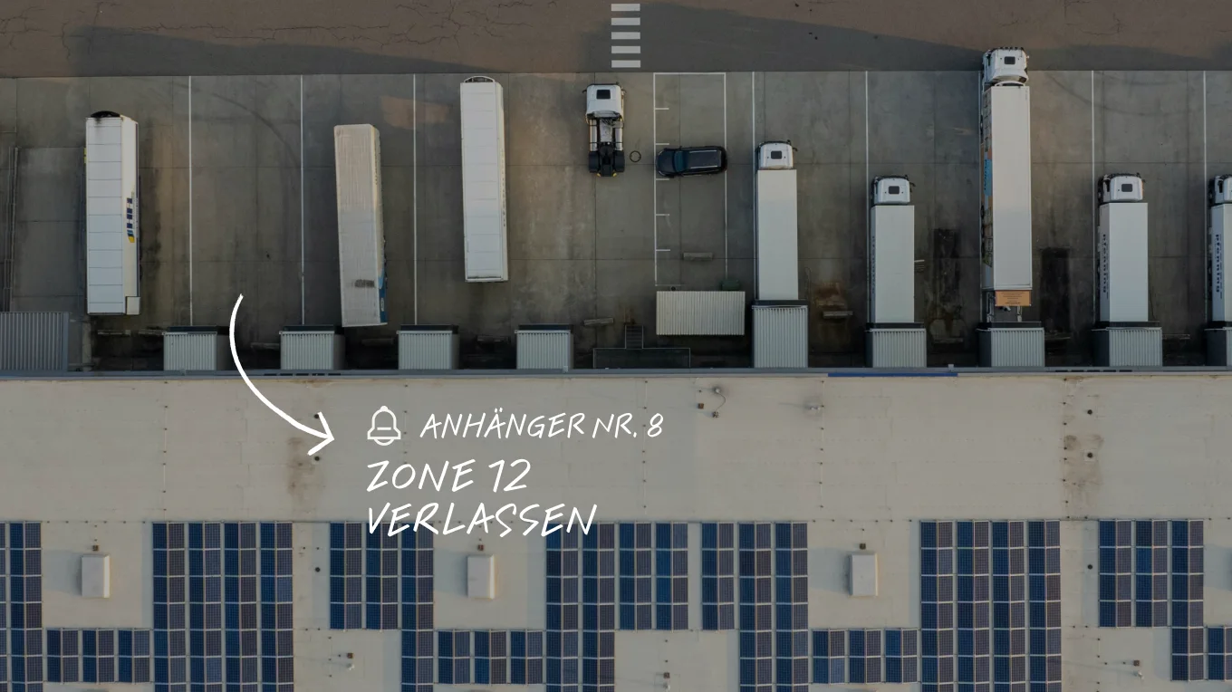Luftaufnahme eines Logistikzentrums mit LKW-Anhängern an Laderampen und Hinweis: Anhänger Nr. 8 hat Zone 12 verlassen.