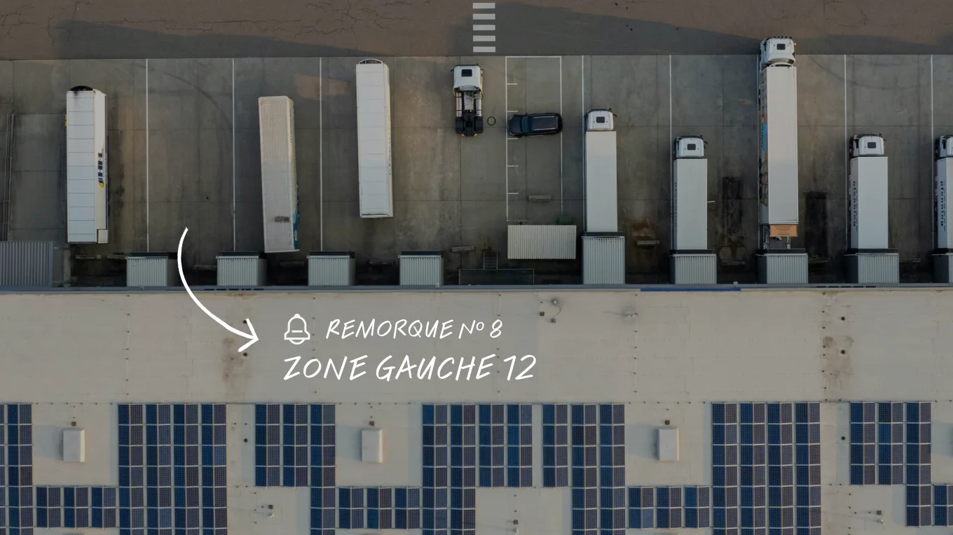 Vue aérienne d'un entrepôt avec camions garés aux quais et texte indiquant "Remorque n°8 a quitté la zone 12".