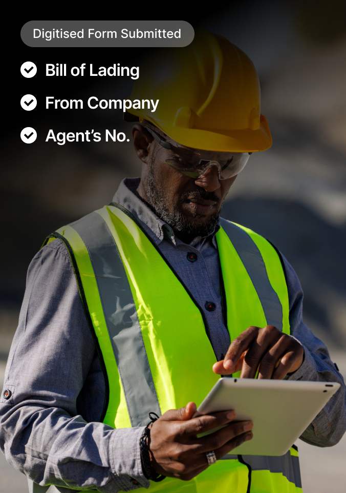 Construction worker in yellow helmet and safety vest using tablet with digital form submission interface visible.