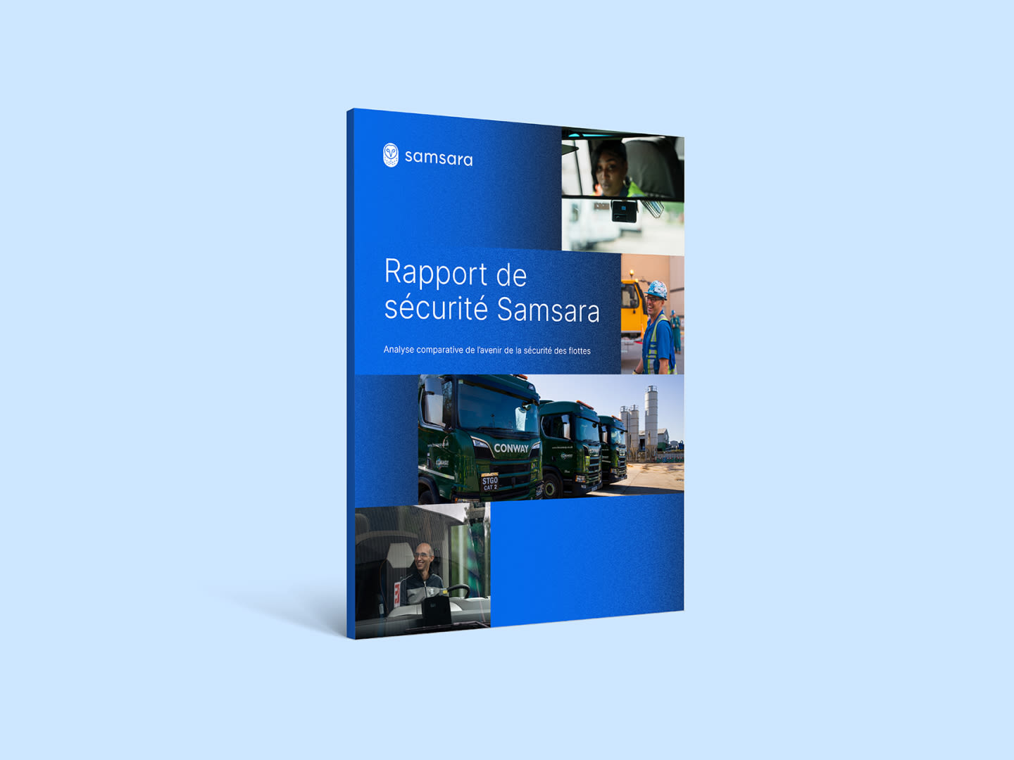 Rapport de sécurité Samsara avec des conducteurs de flotte, des camions et des équipements de sécurité sur un fond bleu.