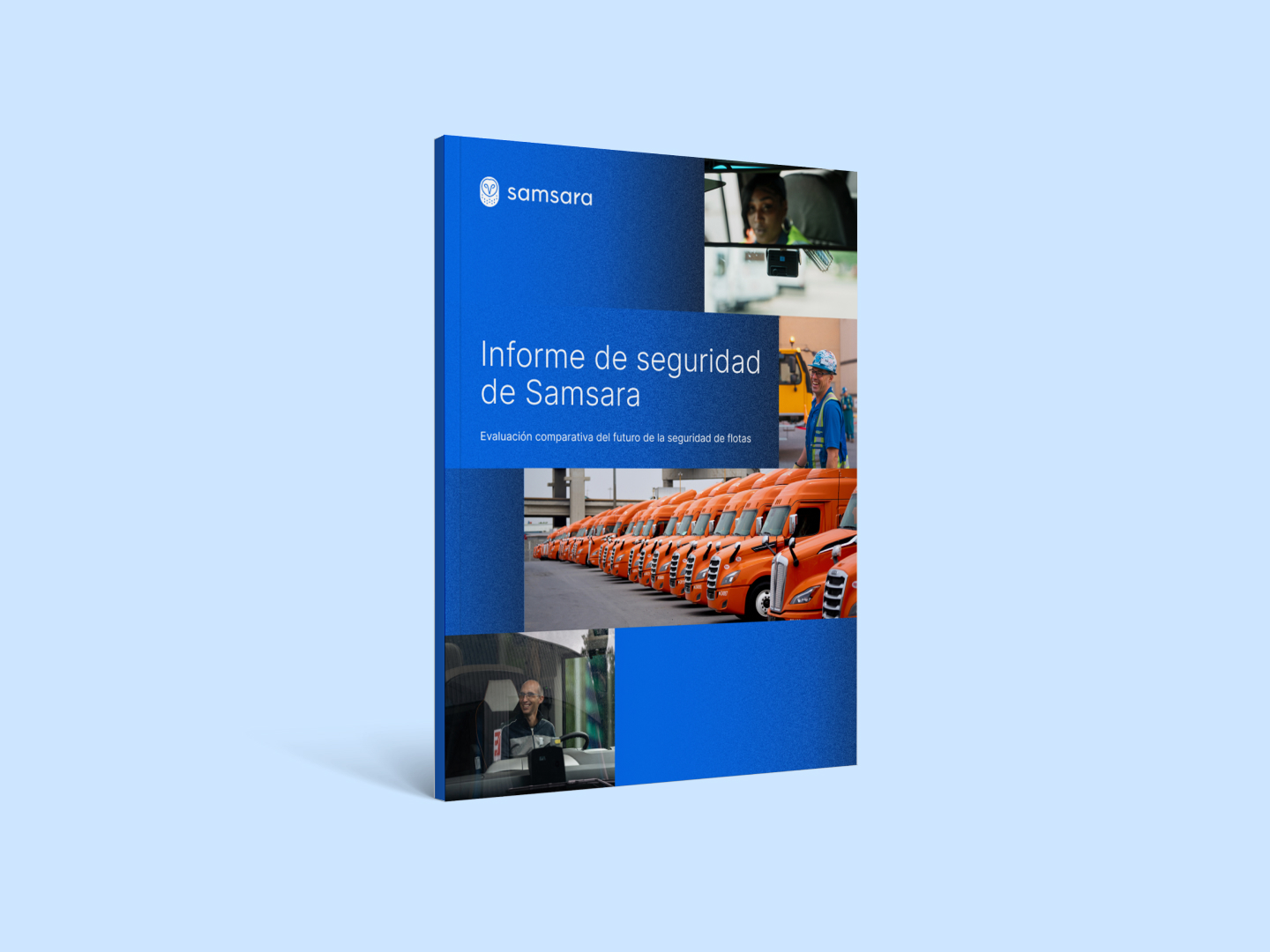 Portada del informe de seguridad de Samsara con conductores de flotas, camiones y equipo de seguridad sobre un fondo azul.