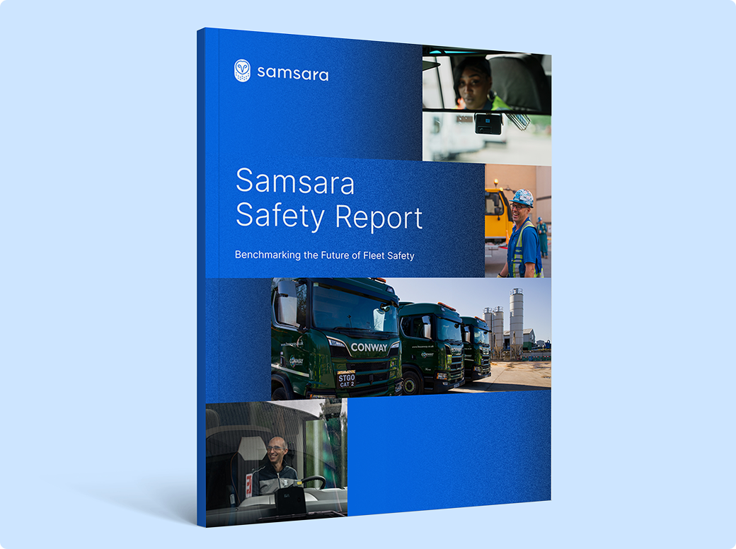 Samsara Safety Report cover with fleet drivers, trucks, and safety equipment on a blue background.