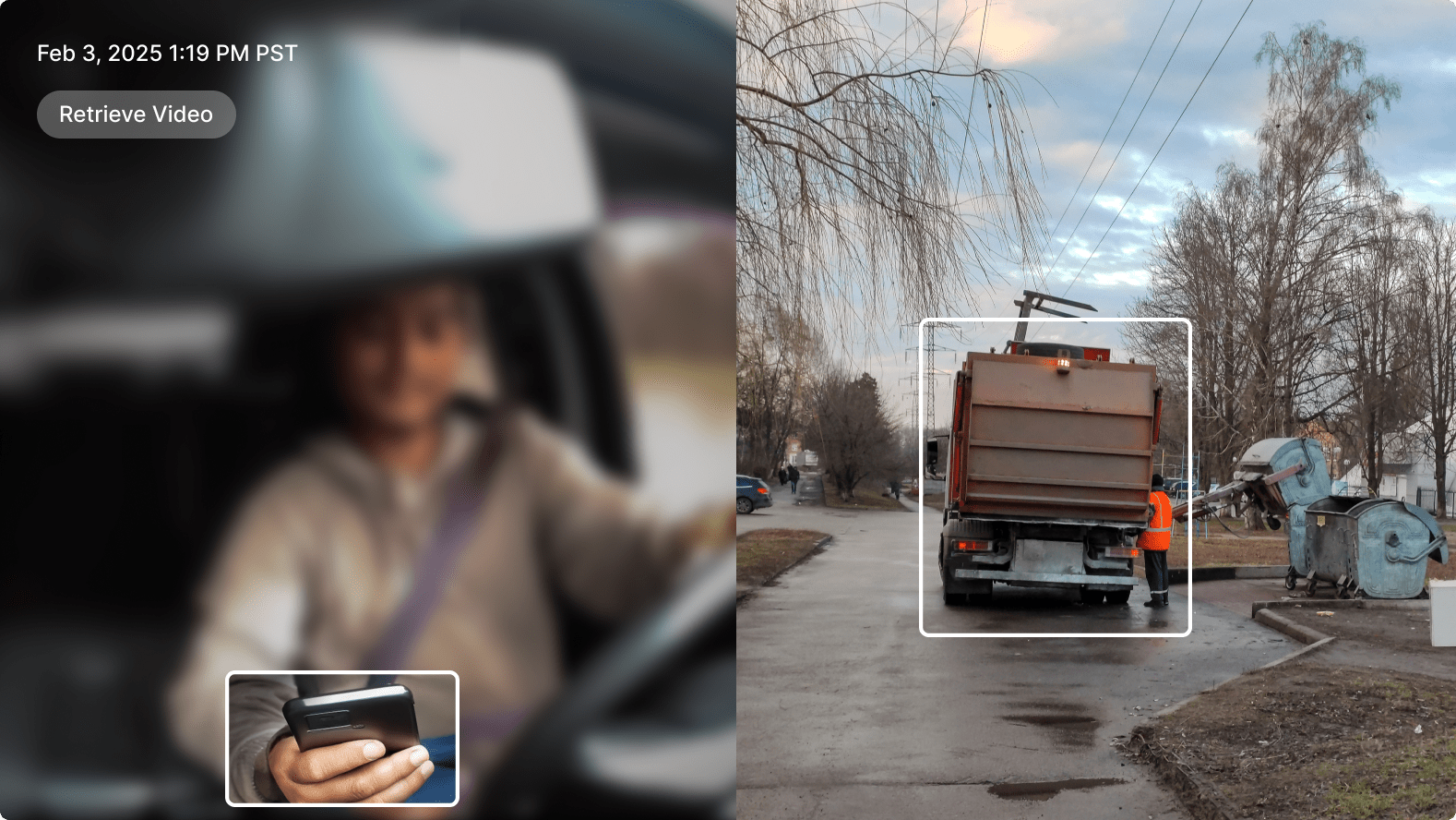 Split image: person using phone while driving on left; garbage truck with worker collecting trash on suburban street on right