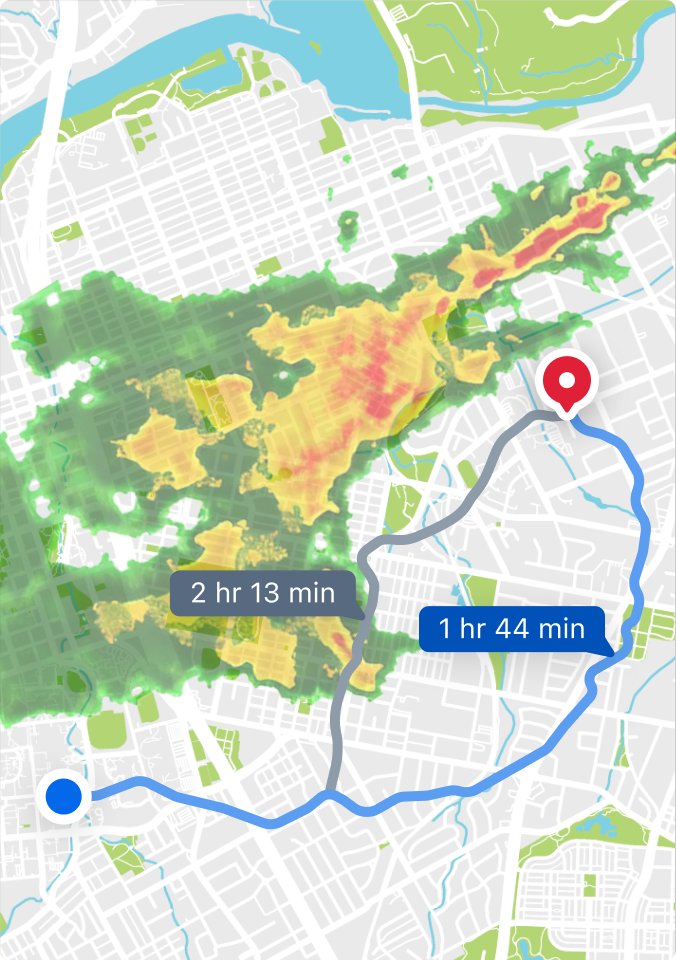 Map showing two route options around a heat map area, with travel times of 2hr 13min and 1hr 44min.