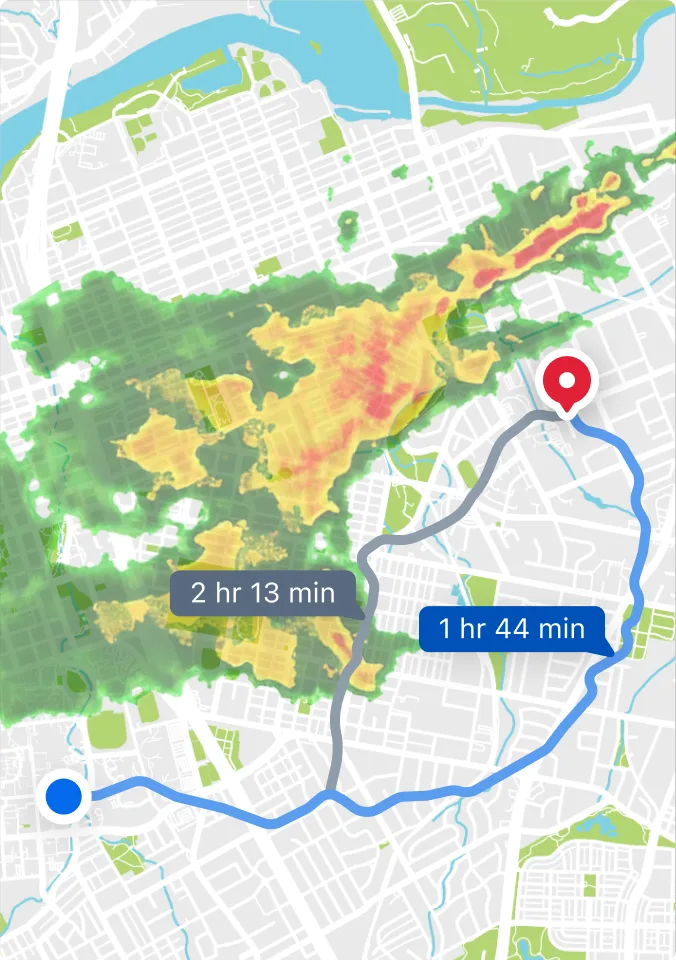 Map showing two route options around a heat map area, with travel times of 2hr 13min and 1hr 44min.