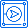 Blue square outline with connection points at corners, containing a circular play button icon in the centre.