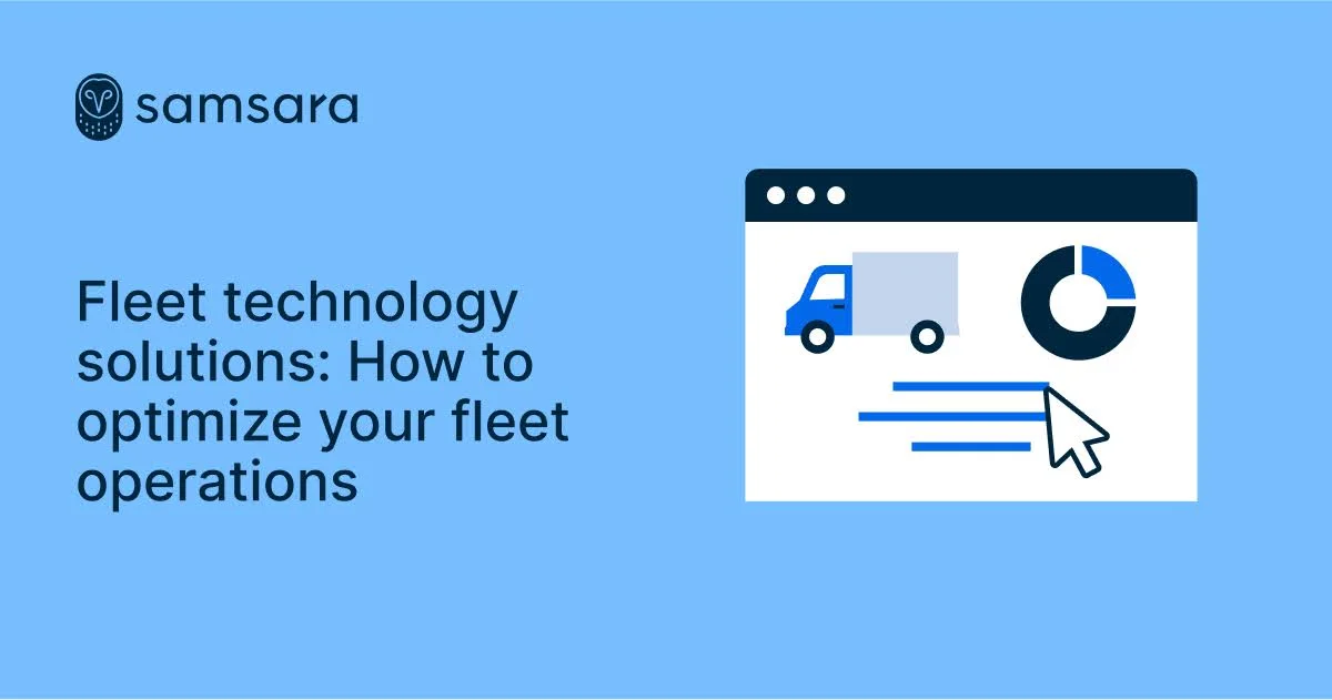 Samsara fleet technology banner with truck icon and analytics chart on light blue background showing fleet optimization solutions.