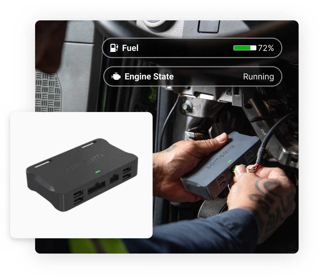 Vehicle gateway hardware image with vehicle gateway getting plugged in and showing fuel and engine state information