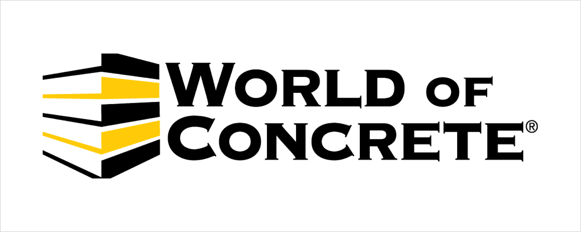 World of Concrete logo with black bold text and a stacked building icon in black and yellow on a white background.