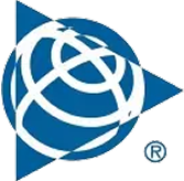 Blaues dreieckiges Logo mit weißem kreisförmigem Gittermuster, das globale Konnektivität darstellt, mit Markensymbol.