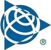 Blaues dreieckiges Logo mit weißem kreisförmigem Gittermuster, das globale Konnektivität darstellt, mit Markensymbol.
