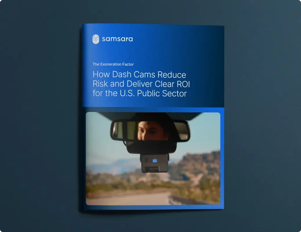 Samsara brochure cover showing a dash cam mounted on a rearview mirror, titled "How Dash Cams Reduce Risk" for public sector.
