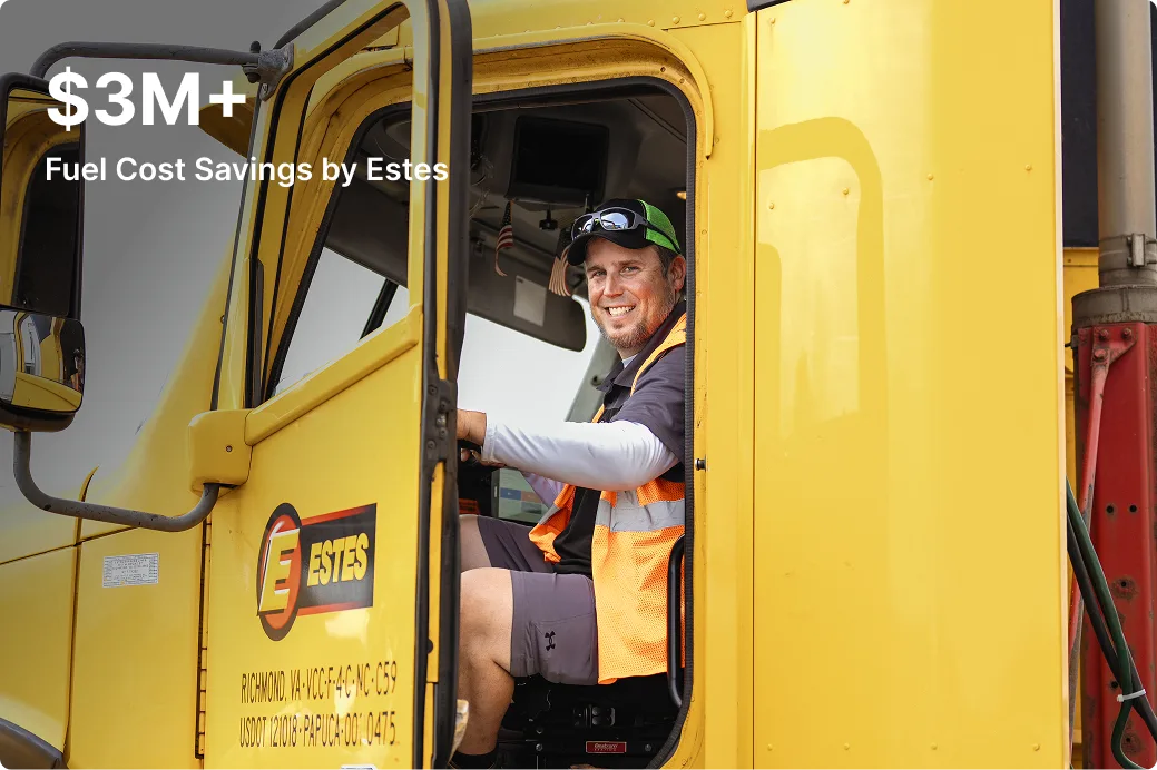Driver in yellow Estes truck cab with "$3M+ Fuel Cost Savings by Estes" text overlay