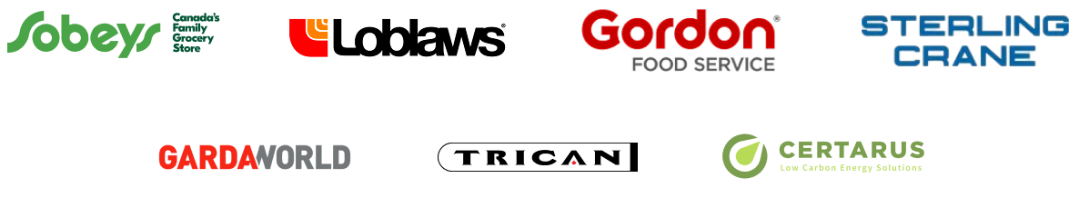 Logos de détaillants et entreprises: Sobeys, Loblaws, Gordon Food Service, Sterling Crane, GardaWorld, Trican et Certarus.