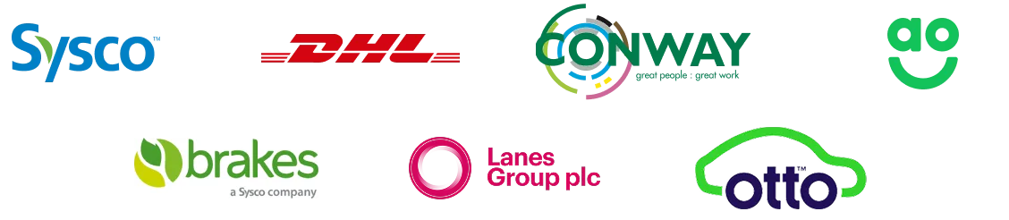Logos d'entreprises partenaires: Sysco, DHL, Conway, Go, Brakes, Lanes Group et Otto.