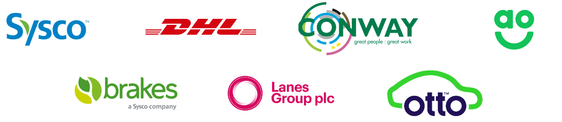 Logos von Unternehmenspartnern: Sysco, DHL, Conway, Go, Brakes, Lanes Group und Otto in einer Reihe angeordnet.