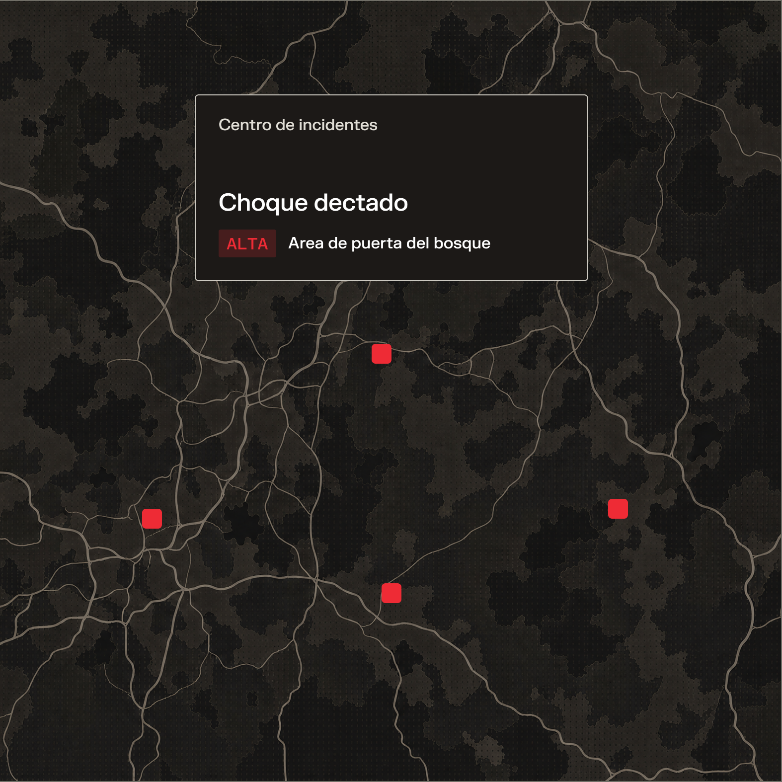 Mapa oscuro con marcadores rojos indicando incidentes de choque de alta prioridad en el área de puerta del bosque.