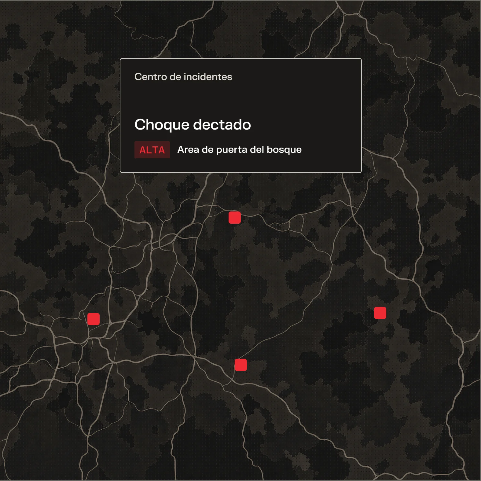 Mapa oscuro con marcadores rojos indicando incidentes de choque de alta prioridad en el área de puerta del bosque.