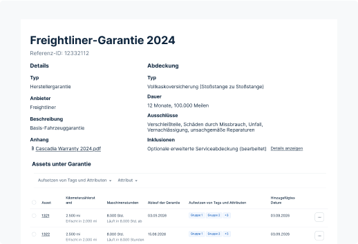 Doc. de gtía. de Freightliner con cobertura de 12 meses, excl. e info. de activos para 2 vehículos con fecha de vto. el 26.