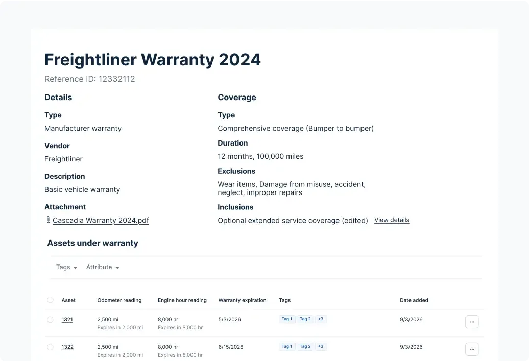 Freightliner warranty doc showing 12-month coverage details, exclusions, and asset info for 2 vehicles w/expiration date 26.