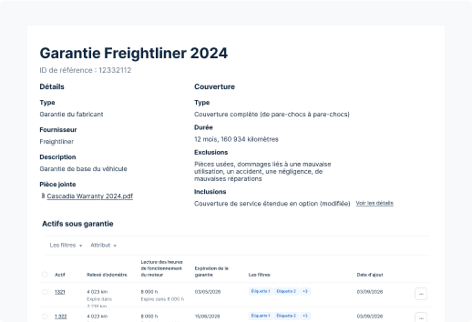 Document de garantie Freightliner montrant les détails de la couverture de 12 mois les exclusions et les informations sur les