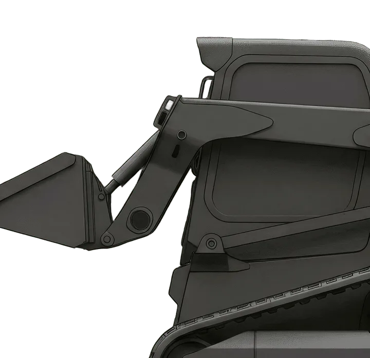 Close-up illustration of a dark gray compact track loader with a bucket attachment and rubber track undercarriage.