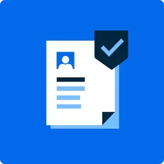 Document icon with profile placeholder and tick symbol badge on a bright blue background.