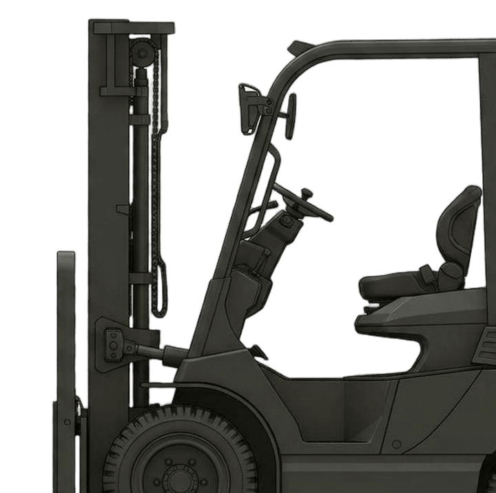 Close-up side view of a dark-colored forklift showing the mast, operator cab with steering wheel, and seat.