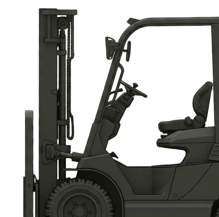 Close-up side view of a dark-colored forklift showing the mast, operator cab with steering wheel, and seat.