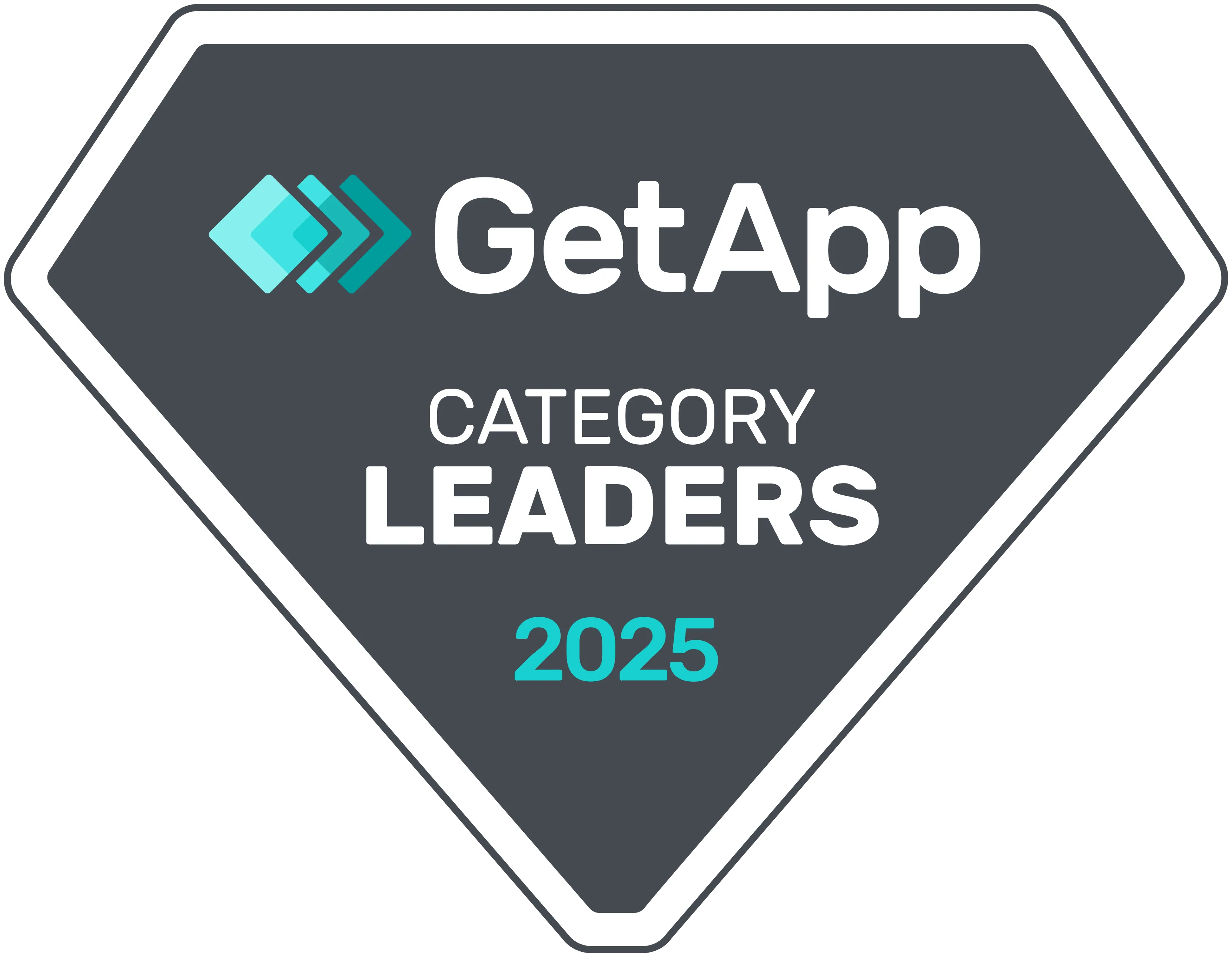 GetApp Category Leaders 2025 badge, dark gray diamond shape with teal logo and white text.