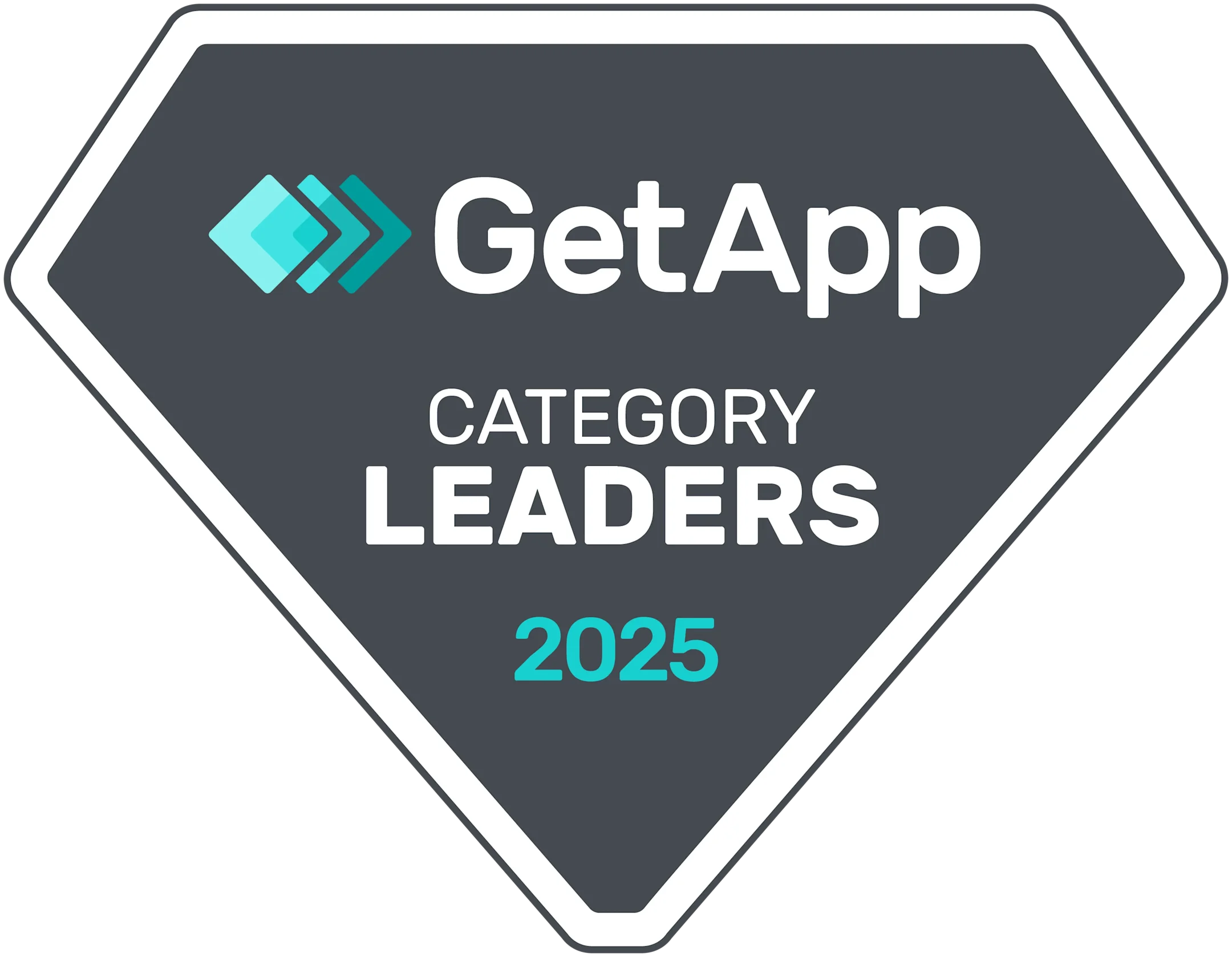 GetApp Category Leaders 2025 badge, dark gray diamond shape with teal logo and white text.