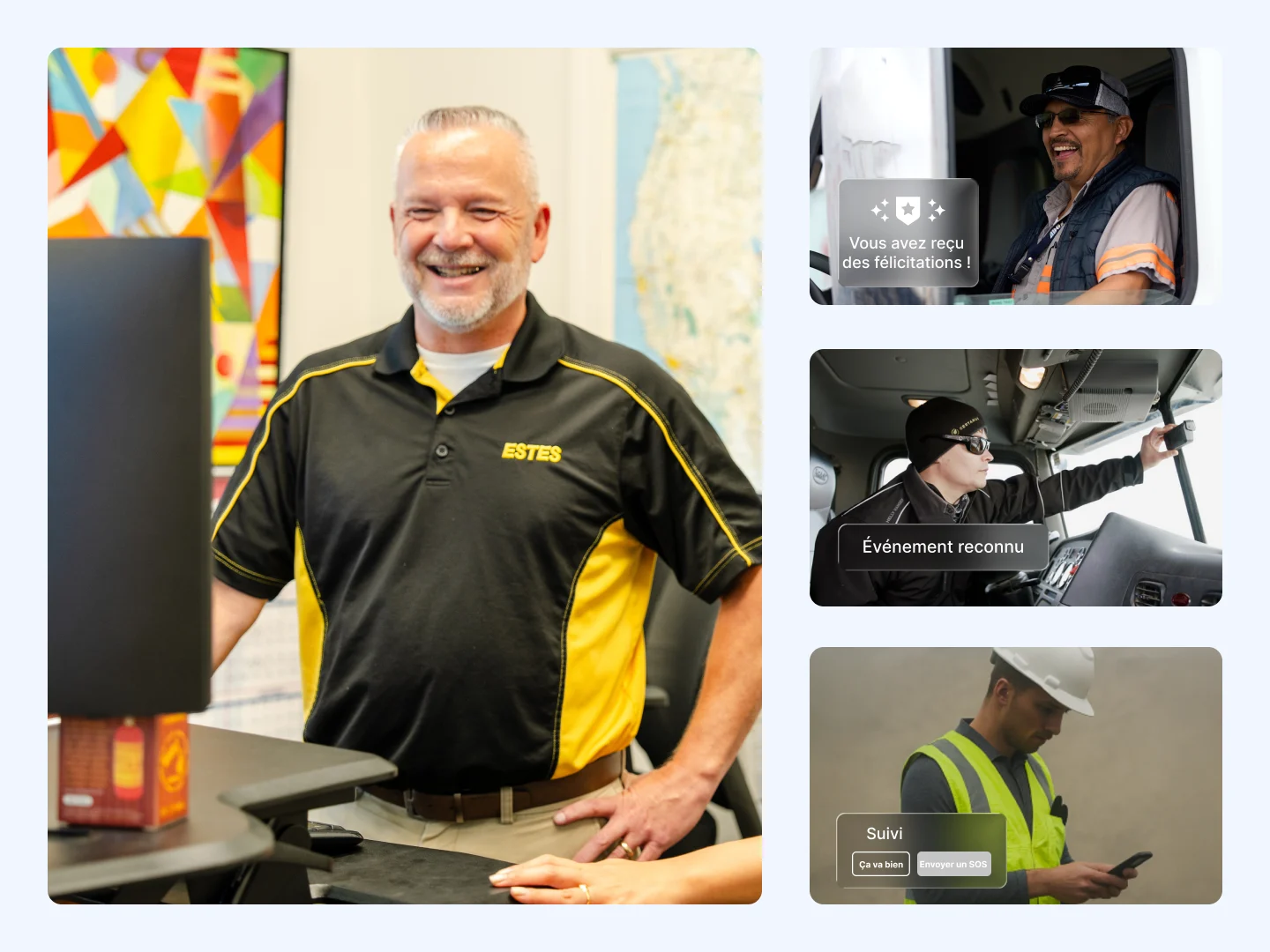 Collage de professionnels du transport: employé Estes souriant, chauffeurs au travail et technicien avec téléphone portable.
