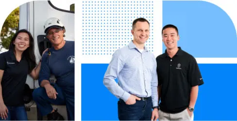 Two sets of people standing next to each other smiling