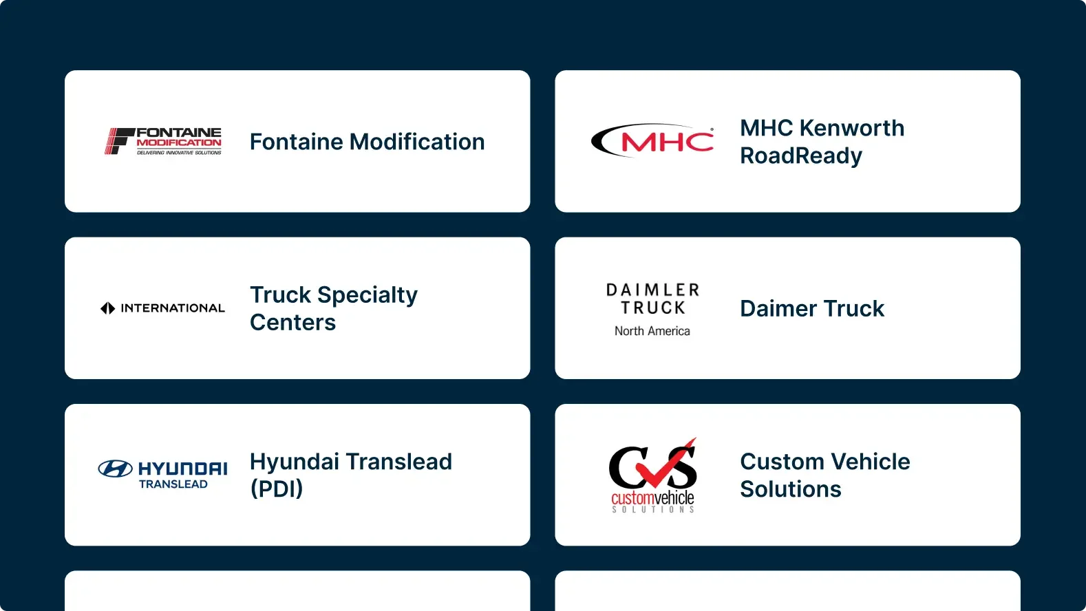Grid of six truck industry company logos and names on dark blue background, including Fontaine and Daimler.