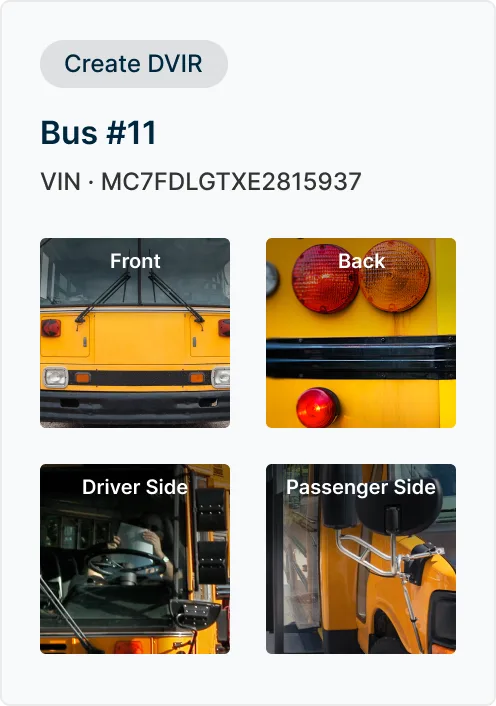 Bus #11 inspection interface showing four views: front, back, driver side, and passenger side of a yellow school bus.