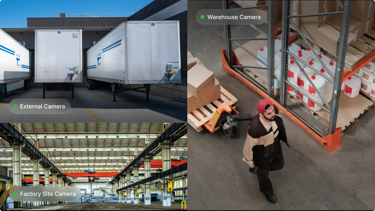 Split-screen security camera views showing shipping trailers, warehouse shelving with products, and factory interior.
