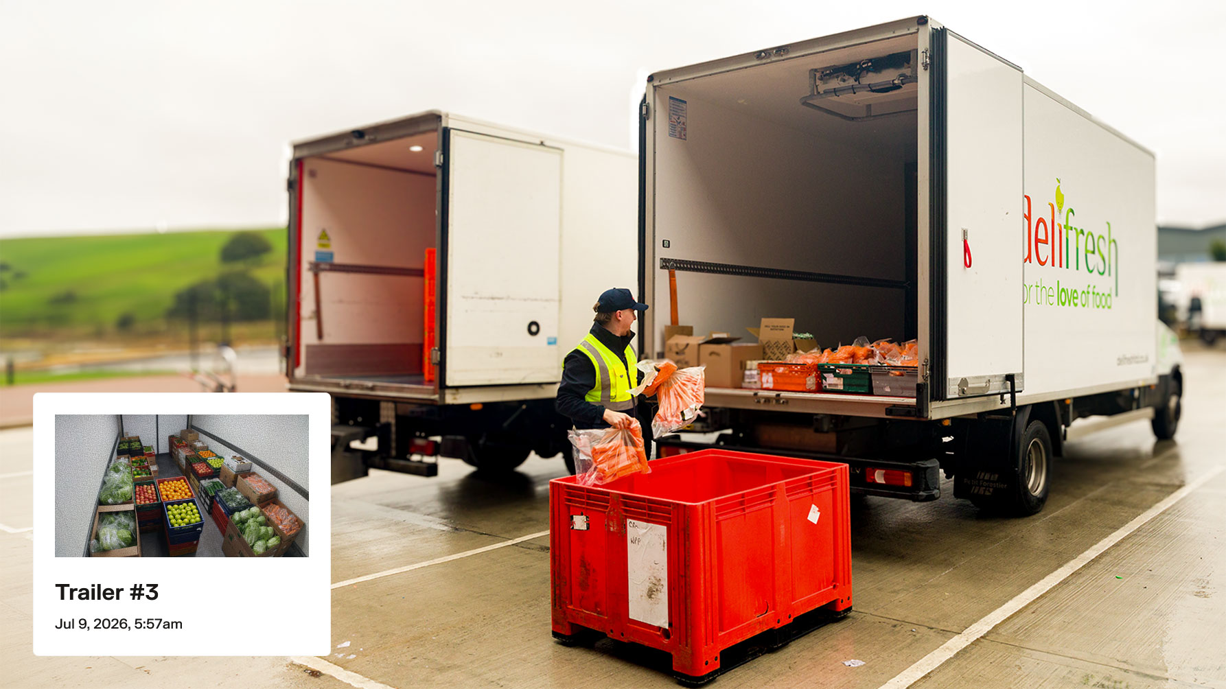 Worker in yellow vest unloading fresh produce from a Delifresh delivery truck into a red crate outdoors.