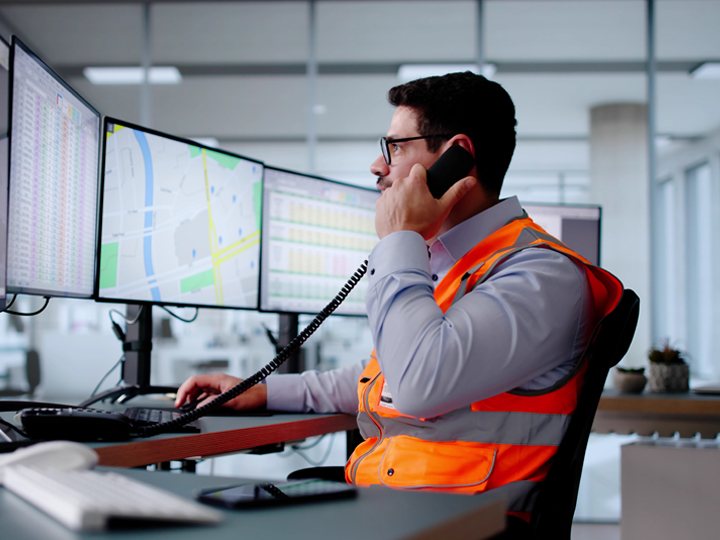 Professional in orange safety vest on phone monitoring multiple screens with maps and data in control room setting.