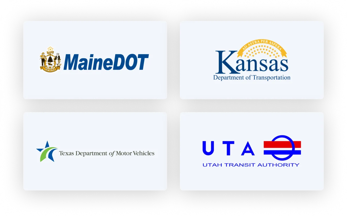 public sector logos, Maine DOT, Kansas DoT, Texas Dept of motor vehicles, and UTA