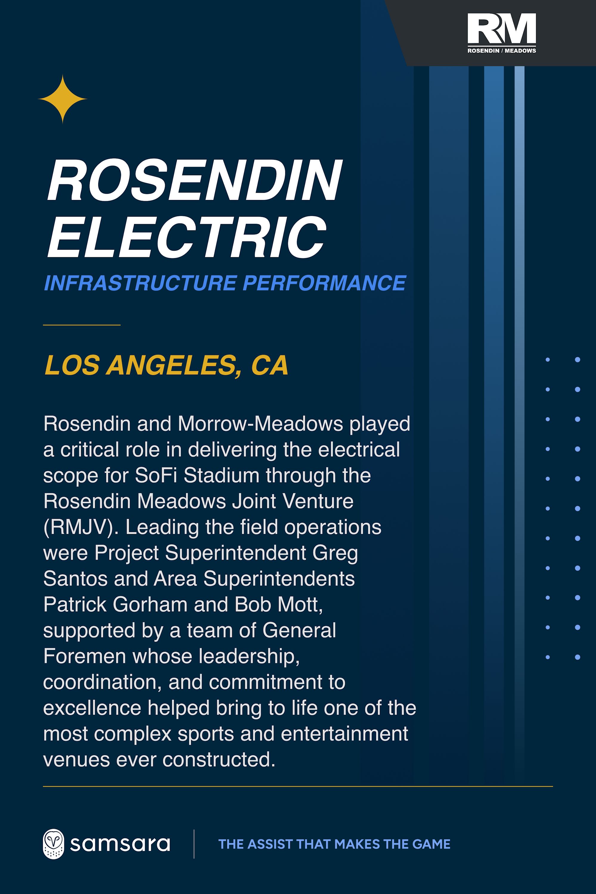 Rosendin Electric Infrastructure Performance flyer highlighting their work on SoFi Stadium in Los Angeles, CA.