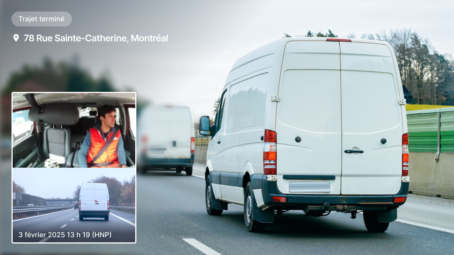 Camion sur une route. D'un côté, il est indiqué que le trajet est terminé et, en dessous, une caméra double qui enregistre
