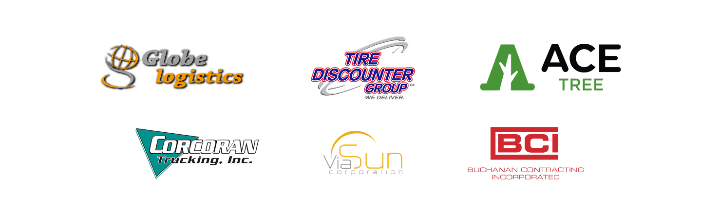 Logos of six companies: Globe Logistics, Tire Discounter Group, ACE Tree, Corcoran Trucking, ViaSun, and BCI.