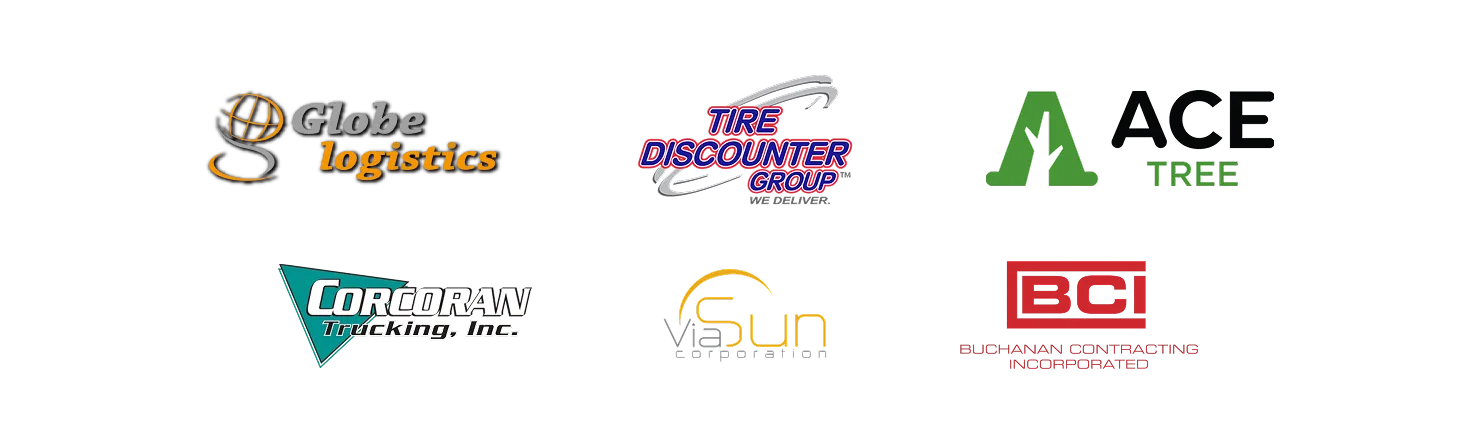 Logos of six companies: Globe Logistics, Tire Discounter Group, ACE Tree, Corcoran Trucking, ViaSun, and BCI.