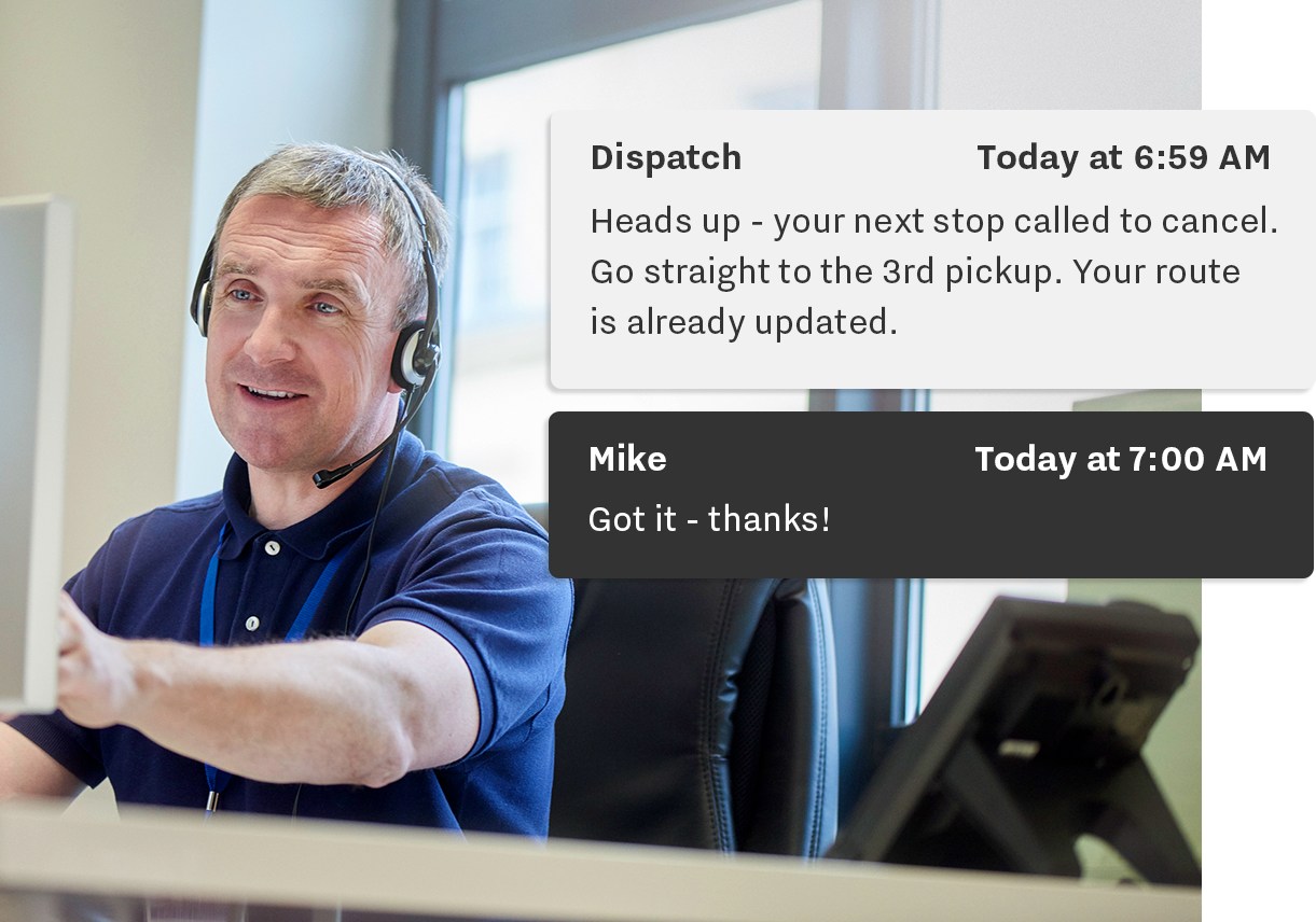 Delivery driver with headset receiving dispatch notification about route change, with message overlay showing communication.