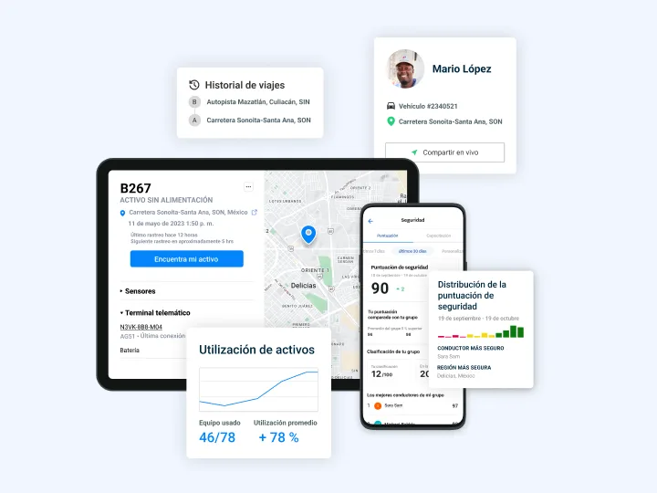Dos semirremolques en una carretera abierta con datos de rendimiento del vehículo superpuestos.
