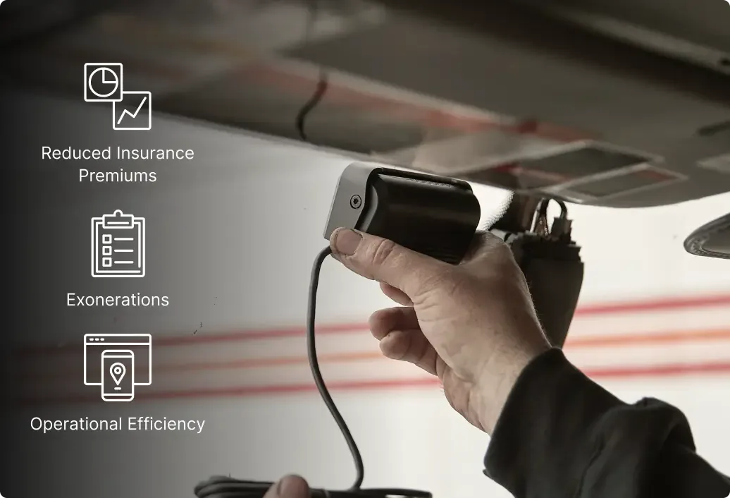 Hand installing dashcam with icons showing insurance benefits: reduced premiums, exonerations, and efficiency