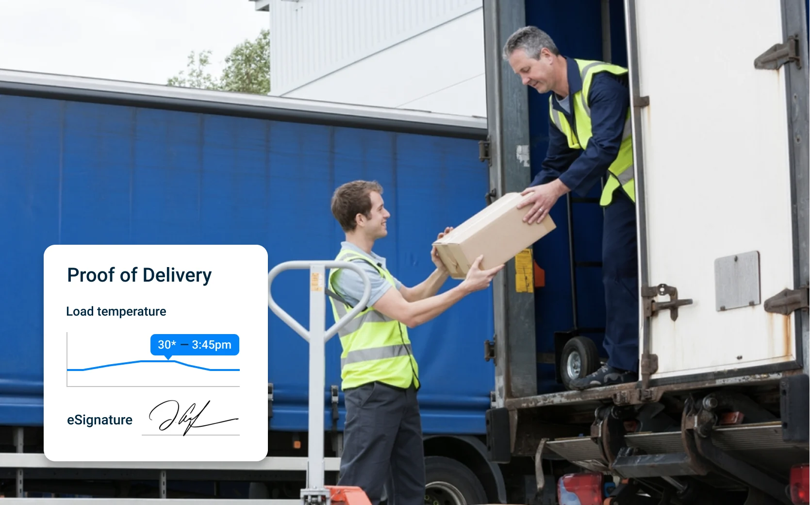 man delivering package to other worker showing proof of delivery signature