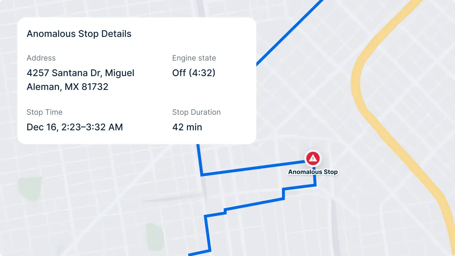 Map showing anomalous vehicle stop details with location, time, and duration information overlaid on street view.
